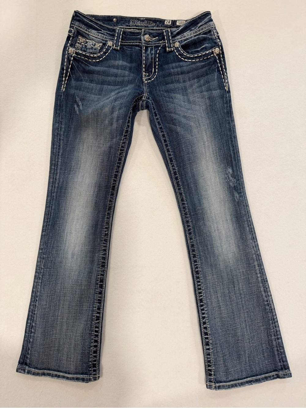 Miss Me Y2K Bootcut Jeans Rhinestone Fleur de Lis Size 28 Style# JE5380BR